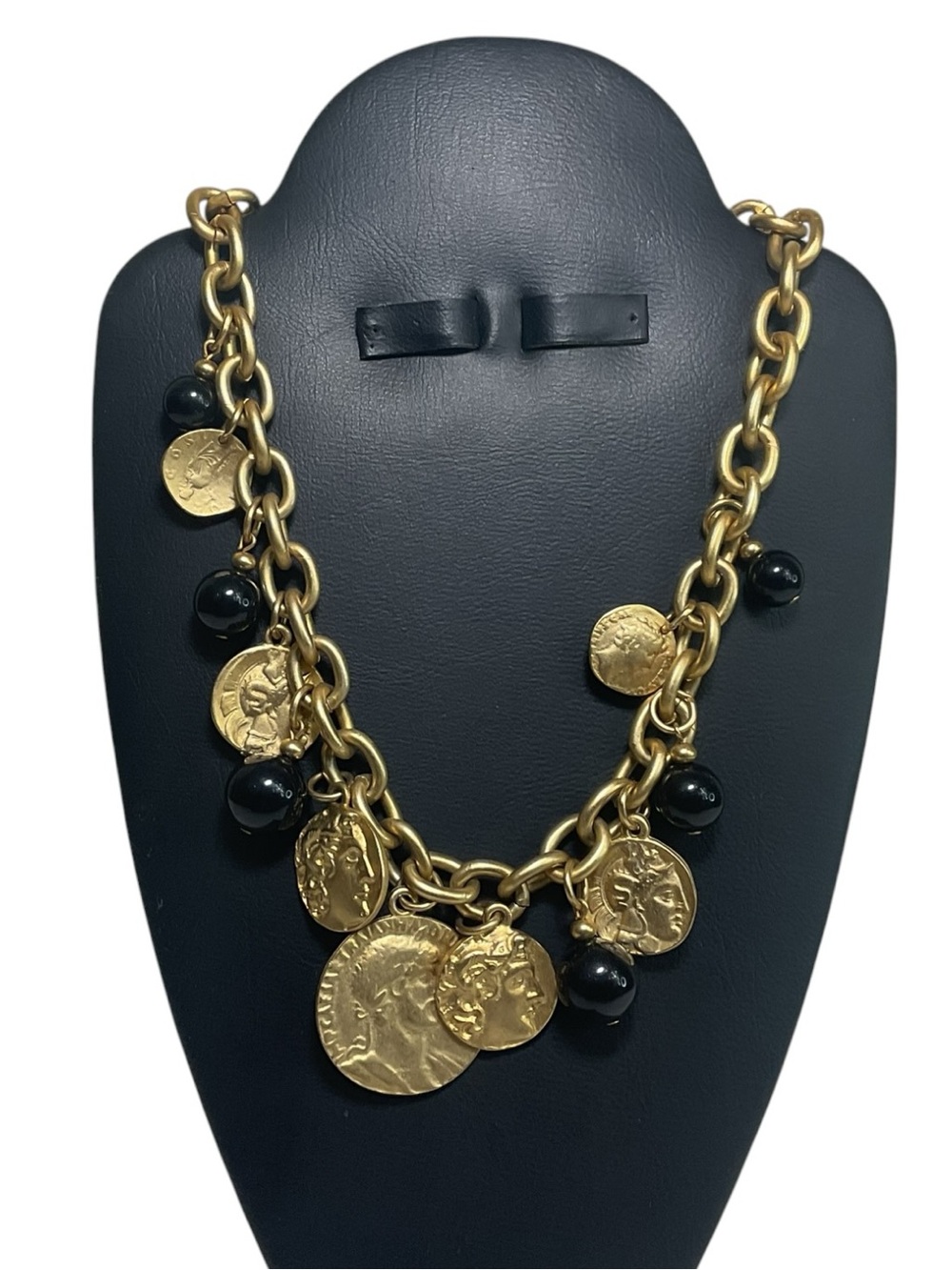 Gold Tone Chunky Chain Coin Charm Necklace Asymmetrical Roman Medallion Black Be